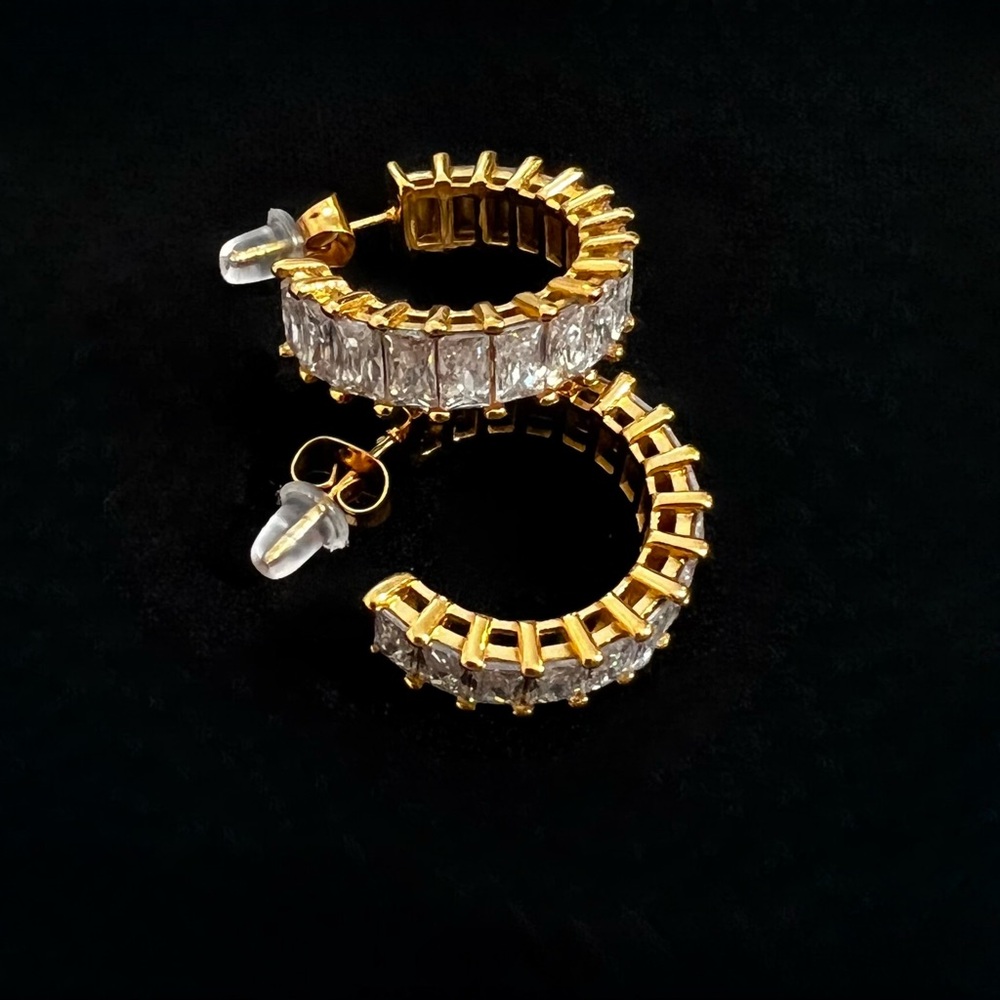 New 18K PVD Gold Plated Geometric Hoop Earrings with AAA Cubic Zirconia - Picture 6 of 7